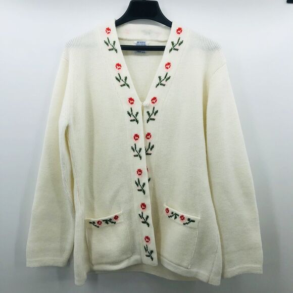 Vintage Sears Floral 100% Acrylic Cardigan Sweater Grandma Cottage Size L? Roses - Picture 1 of 10
